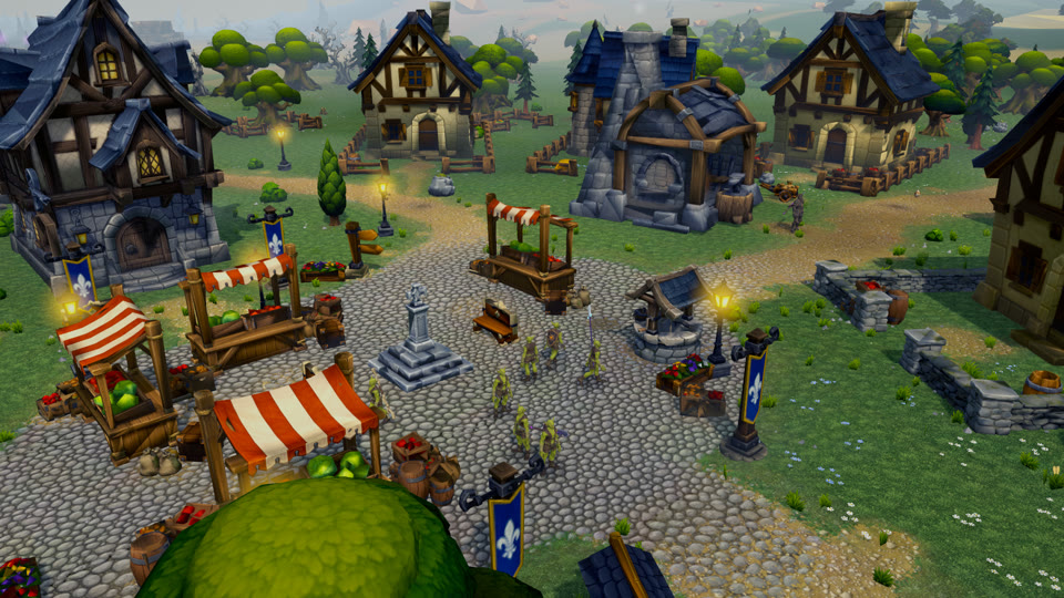 The human town square with market stalls and banners